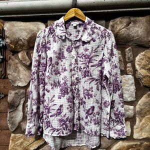 Sundance Bird Floral Button Down Top Gauze Purple White Size Large Long Sleeve